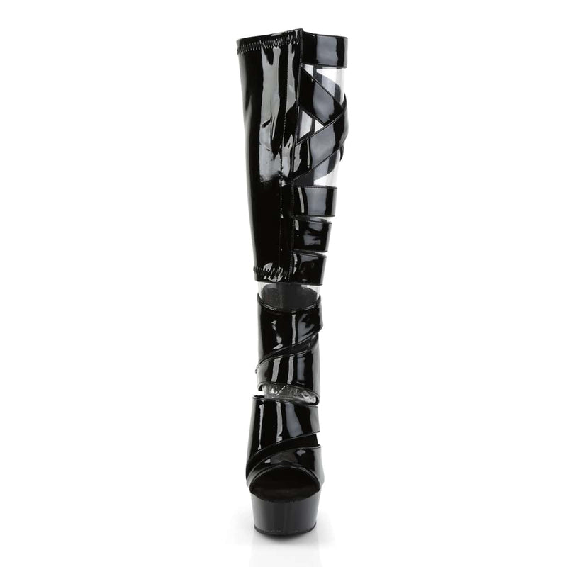 Pleaser DELIGHT-600-49 Platform Knee High Boot (Black Stretch Patent/Black)