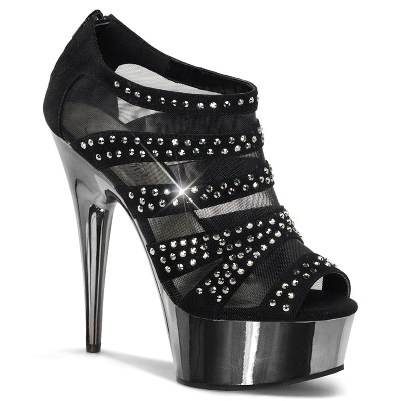 Pleaser DELIGHT-600-8 Platform Ankle Boot (Black Vegan Suede/Pewter Chrome)