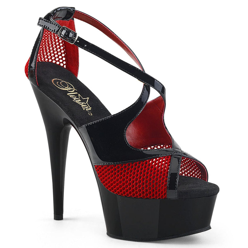 Pleaser DELIGHT-652-1 Platform Sandal (Black Patent-Red Fishnet/Black)