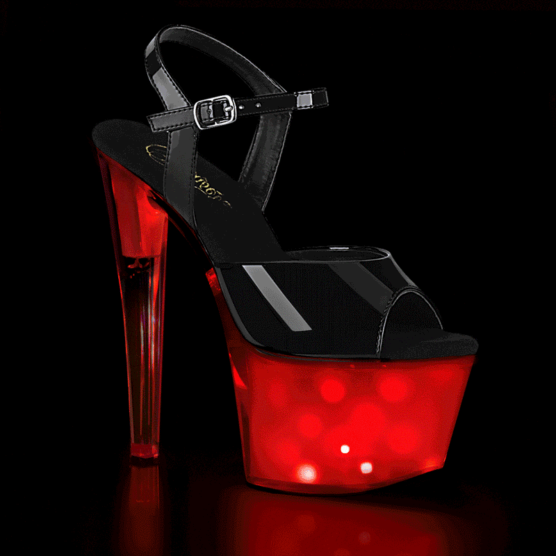 Pleaser DISCOLITE-709 Platform Sandal (Black Patent/White Glow)