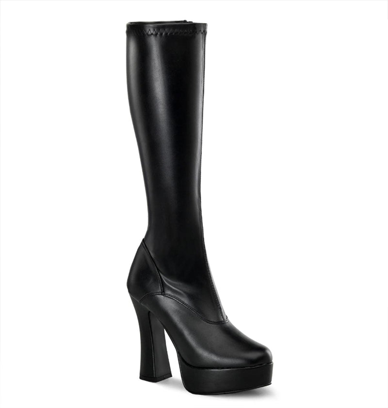 Pleaser ELECTRA-2000Z Platform Knee High Boot (Black Stretch Faux Leather)