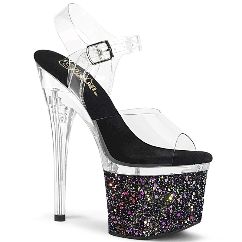 Pleaser ESTEEM-708LG Platform Sandal (Clear/Clear-Black Multi Glitter)