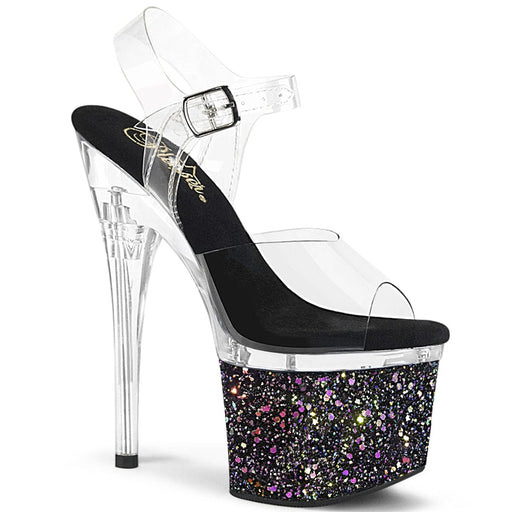 Pleaser ESTEEM-708LG Platform Sandal (Clear/Clear-Black Multi Glitter)