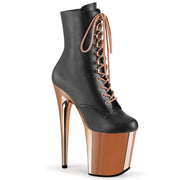 Pleaser FLAMINGO-1020 Platform Ankle Boot (Black Faux Leather/Rose Gold Chrome)
