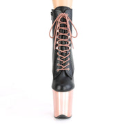 Pleaser FLAMINGO-1020 Platform Ankle Boot (Black Faux Leather/Rose Gold Chrome)