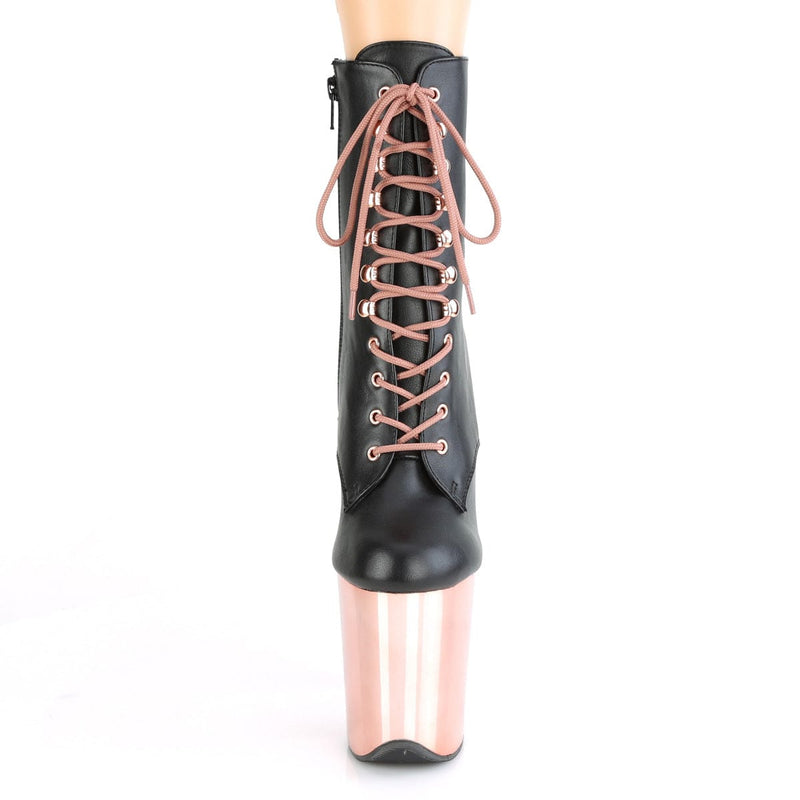 Pleaser FLAMINGO-1020 Platform Ankle Boot (Black Faux Leather/Rose Gold Chrome)