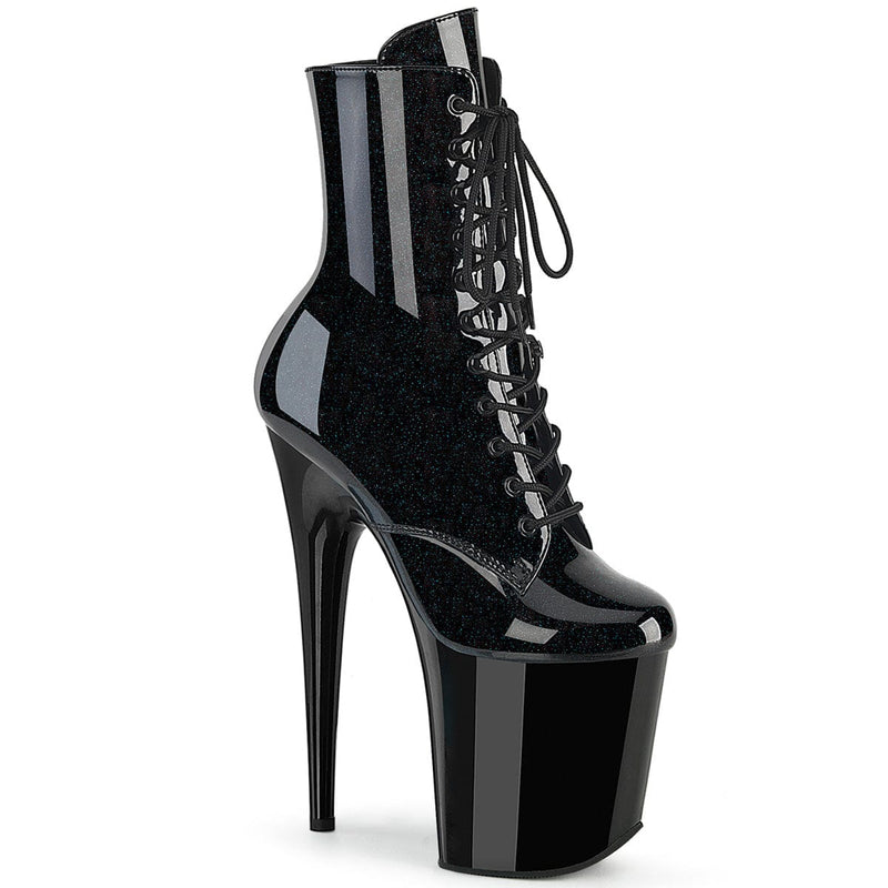 Pleaser FLAMINGO-1020BLG Platform Ankle Boot (Black Patent-Blue Glitter/Black)