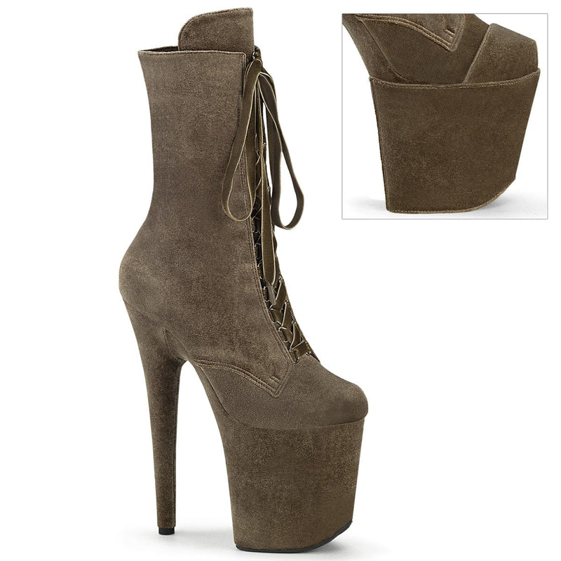 Pleaser FLAMINGO-1045VEL Platform Ankle Boot (Khaki Velvet/Khaki Velvet) 5