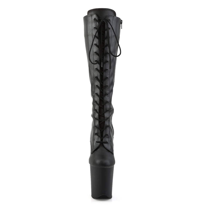 Pleaser FLAMINGO-2023 Platform Knee High Boot (Black Stretch Faux Leather/Black Matte)