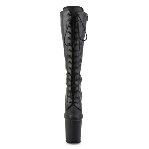 Pleaser FLAMINGO-2023 Platform Knee High Boot (Black Stretch Faux Leather/Black Matte)