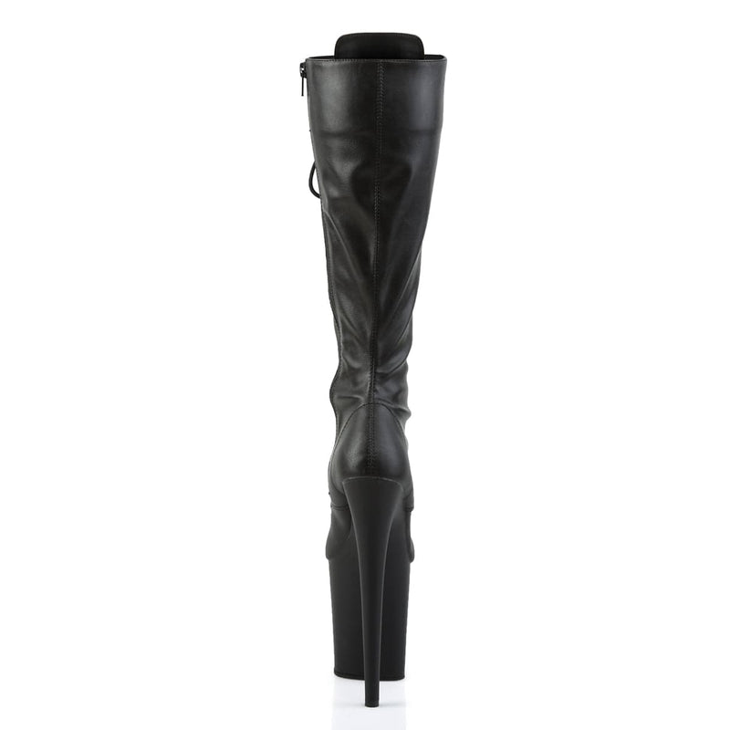 Pleaser FLAMINGO-2023 Platform Knee High Boot (Black Stretch Faux Leather/Black Matte)