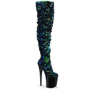 Pleaser FLAMINGO-3004 Platform Thigh High Boot (Green Iridescent Sequins/Black) 5