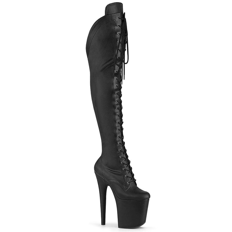 Pleaser FLAMINGO-3014 Platform Knee High Boot (Black Stretch Faux Leather/Black Matte)