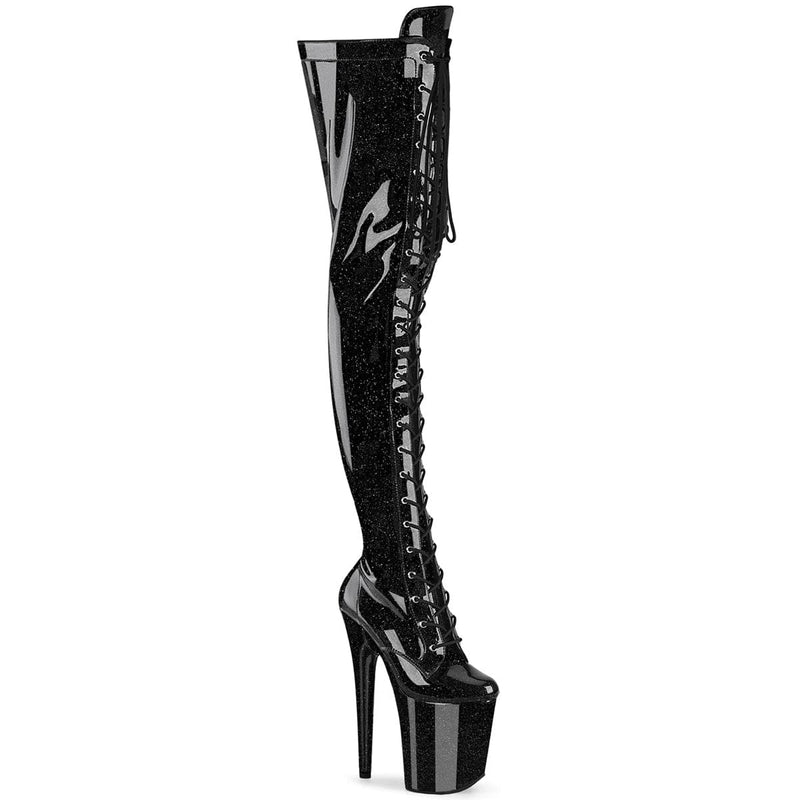 Pleaser FLAMINGO-3020GP Platform Thigh High Boot (Black Glitter Patent/M)