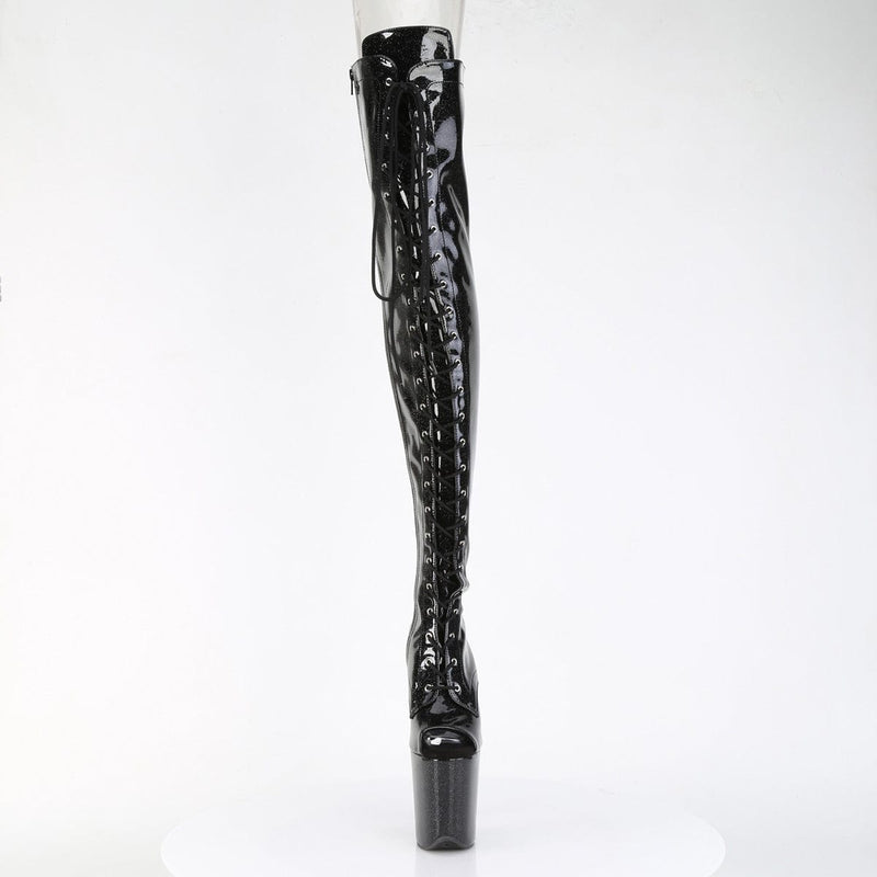 Pleaser FLAMINGO-3021GP Platform Thigh High Boot (Black Glitter Patent/M)