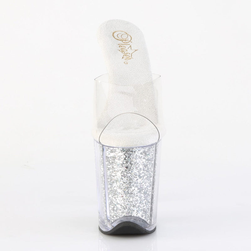 Pleaser FLAMINGO-801G Platform Slide (Clear/Silver Multi Glitter)