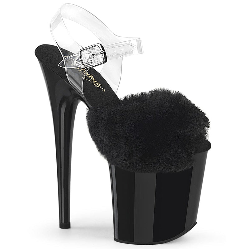 Pleaser FLAMINGO-808FUR Platform Sandal (Black Faux Fur-Clear TPU/Black)