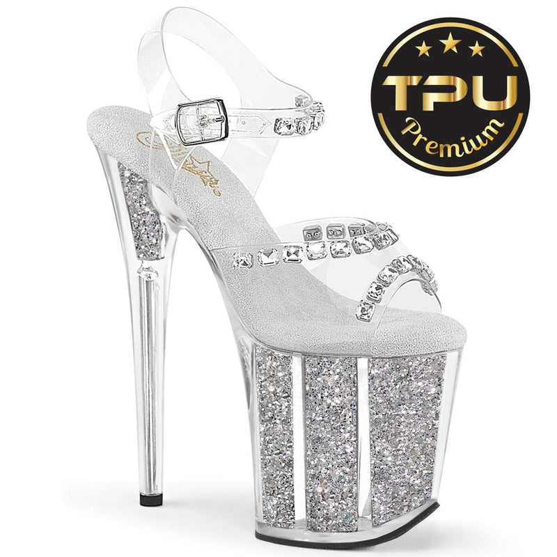 Pleaser FLAMINGO-808PREM-STN Platform Sandal (Clear TPU/Silver Glitter Ins)