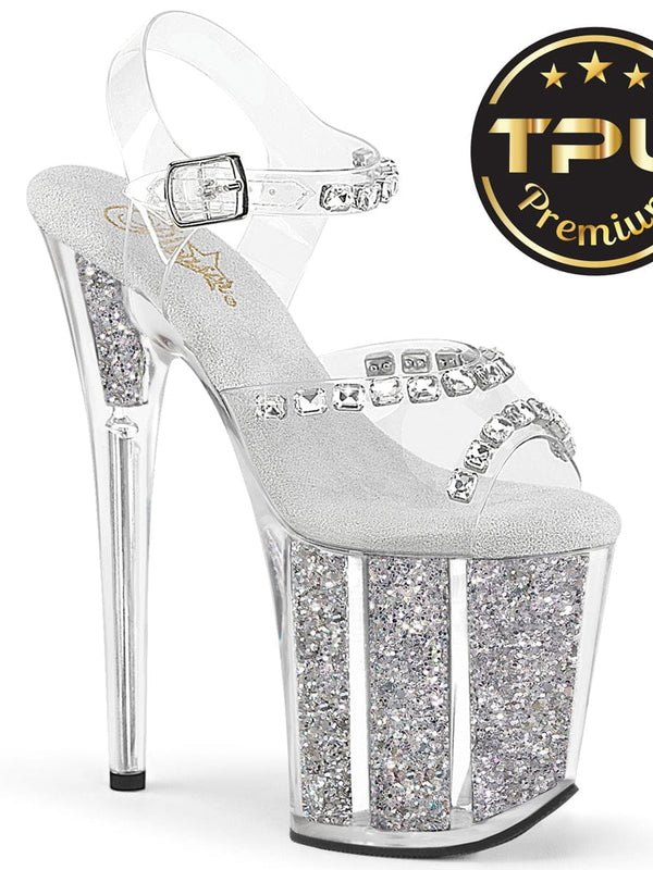 Pleaser FLAMINGO-808PREM-STN Platform Sandal (Clear TPU/Silver Glitter Ins)