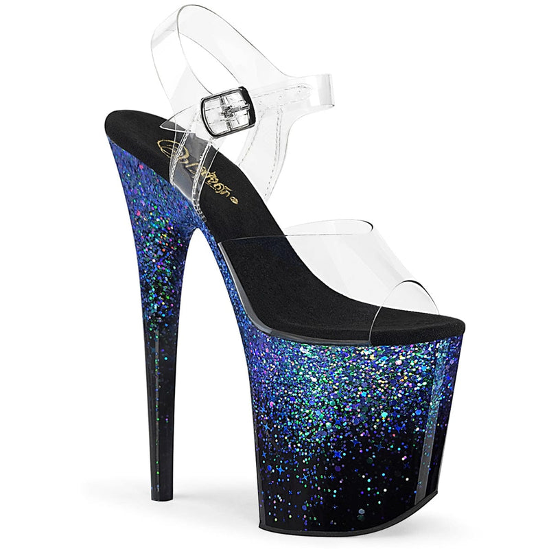 Pleaser FLAMINGO-808SS Platform Sandal (Clear/Black-Blue Multi Glitter)