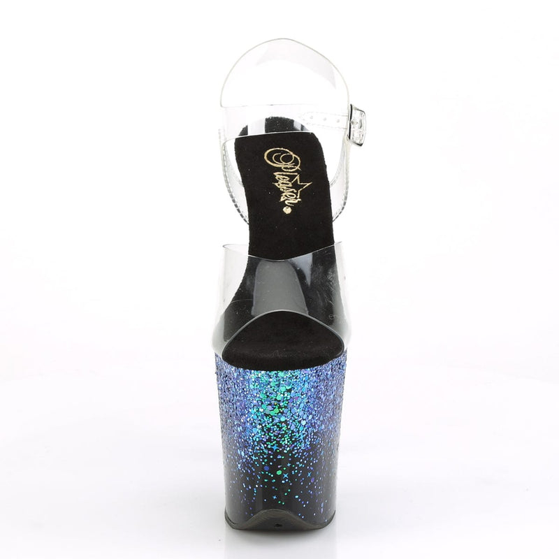 Pleaser FLAMINGO-808SS Platform Sandal (Clear/Black-Blue Multi Glitter)