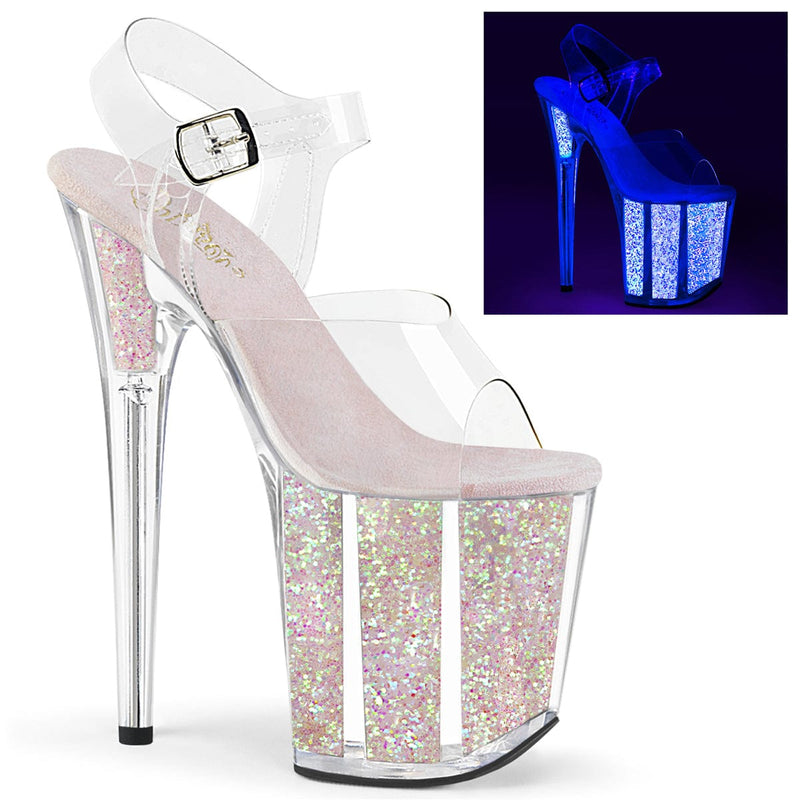 Pleaser FLAMINGO-808UVG Platform Sandal (Clear/Neon Opal Glitter)