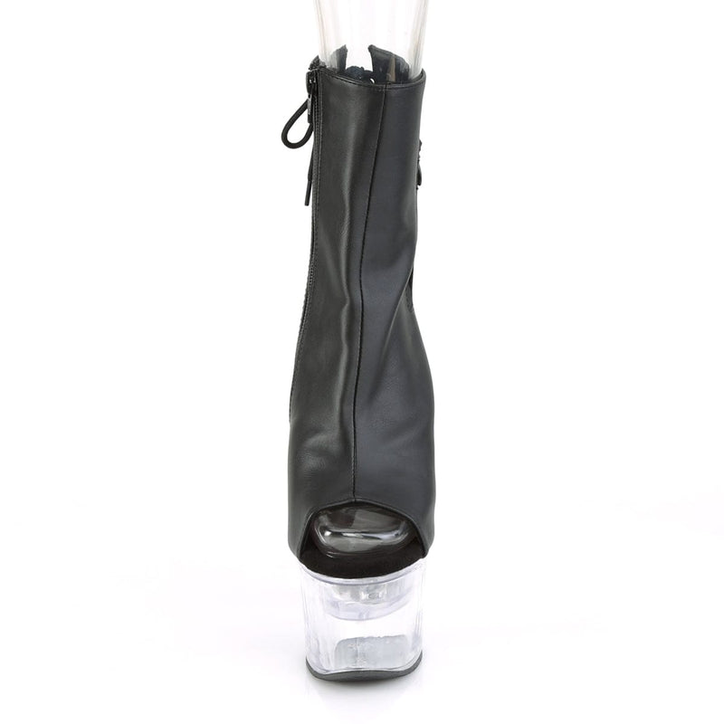 Pleaser FLASHDANCE-1018-7 Platform Ankle Boot (Black Faux Leather/Clear)