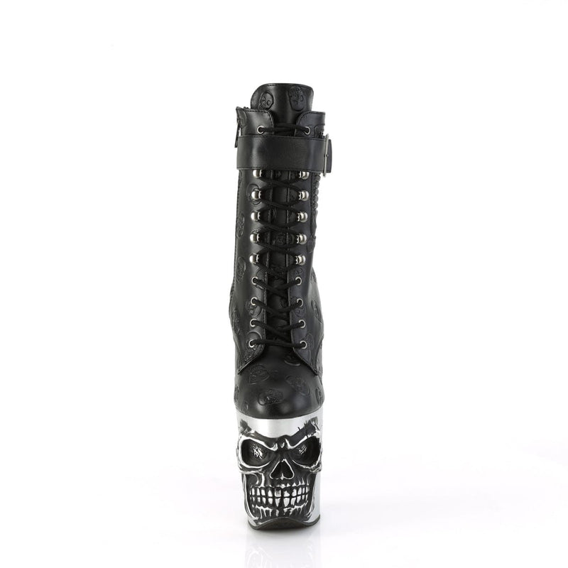 Pleaser RAPTURE-1020STR-02 Platform Ankle Boot (Black Faux Leather/Silver Matte-Rubbed Black)