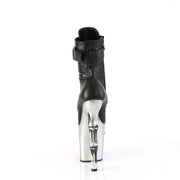 Pleaser RAPTURE-1020STR-02 Platform Ankle Boot (Black Faux Leather/Silver Matte-Rubbed Black)