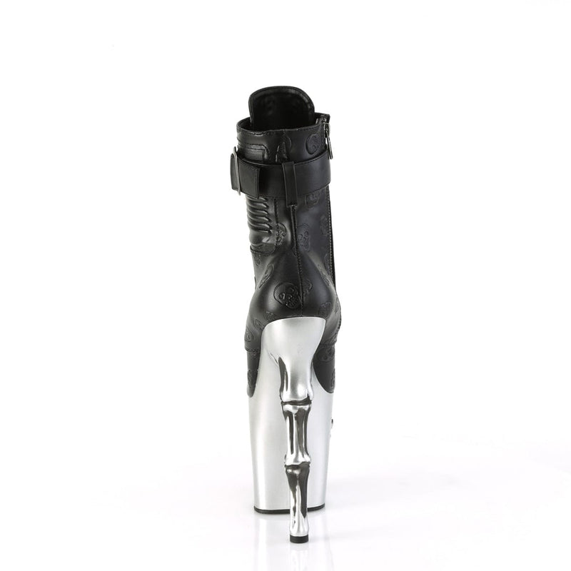 Pleaser RAPTURE-1020STR-02 Platform Ankle Boot (Black Faux Leather/Silver Matte-Rubbed Black)