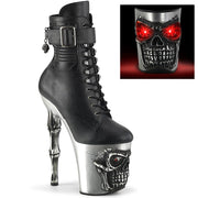 Pleaser RAPTURE-1020STR-LT Platform Ankle Boot (Black Faux Leather/Silver Matte-Rubbed Black)