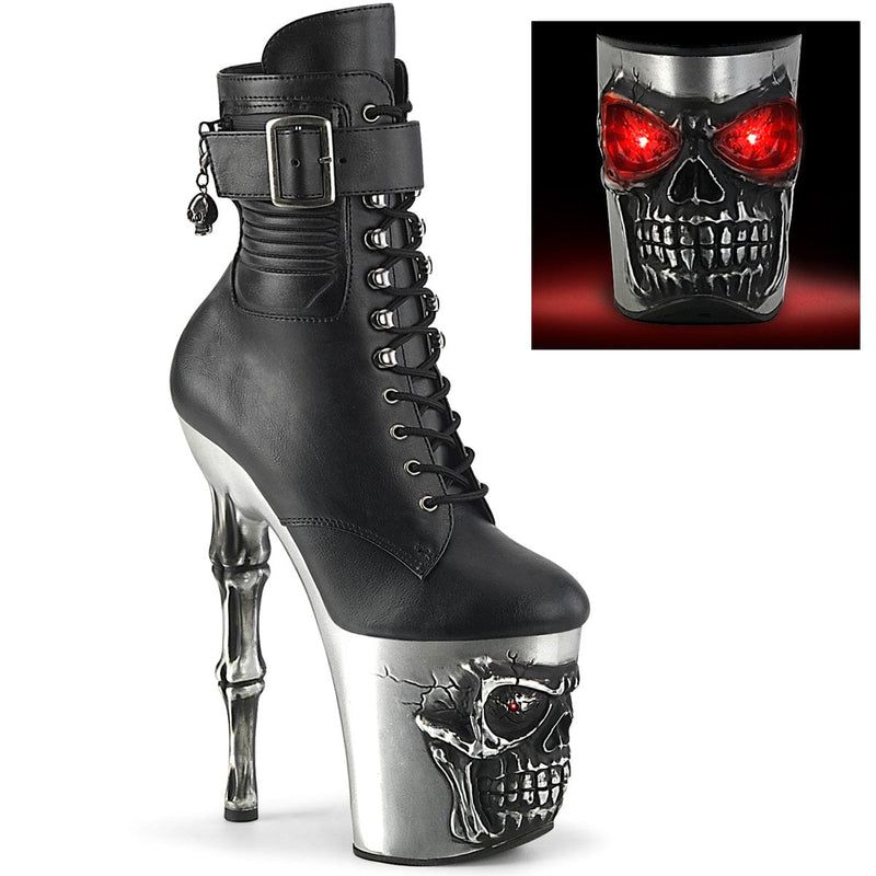 Pleaser RAPTURE-1020STR-LT Platform Ankle Boot (Black Faux Leather/Silver Matte-Rubbed Black)