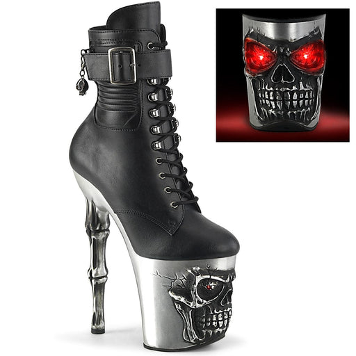 Pleaser RAPTURE-1020STR-LT Platform Ankle Boot (Black Faux Leather/Silver Matte-Rubbed Black)