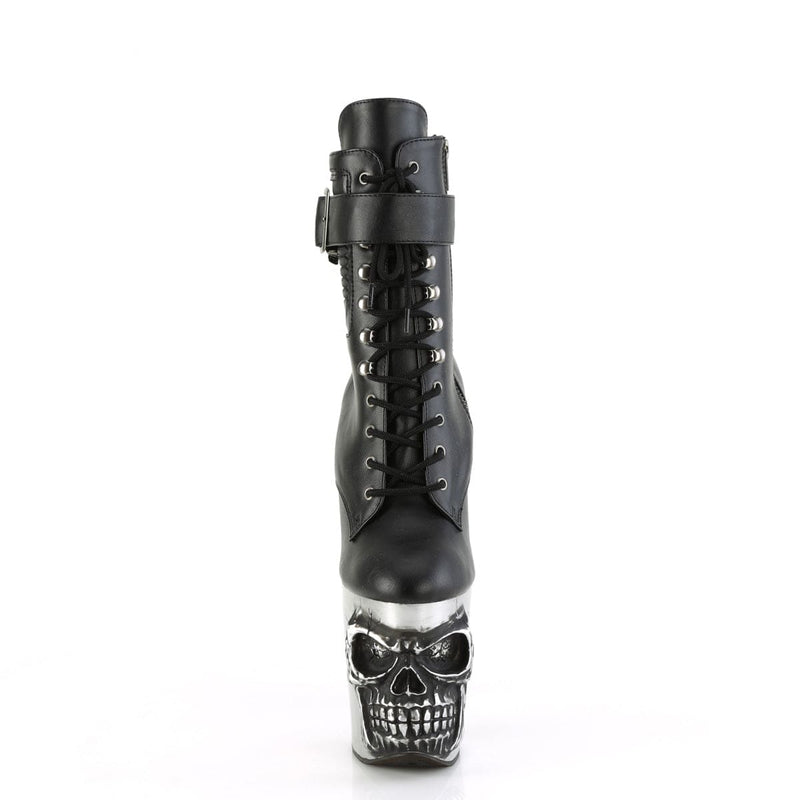 Pleaser RAPTURE-1020STR-LT Platform Ankle Boot (Black Faux Leather/Silver Matte-Rubbed Black)