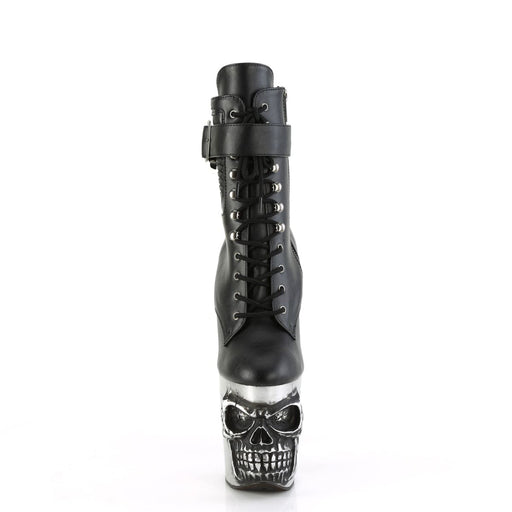 Pleaser RAPTURE-1020STR-LT Platform Ankle Boot (Black Faux Leather/Silver Matte-Rubbed Black)