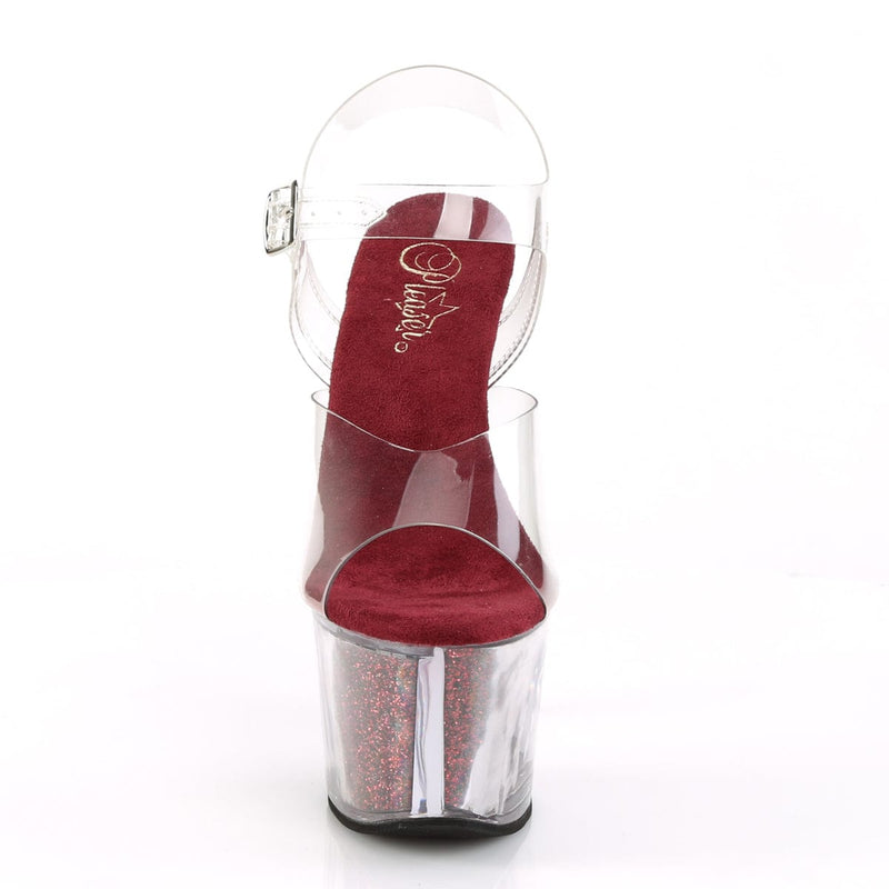 Pleaser SKY-308G-T Platform Sandal (Clear/Berry Glitter Inserts)