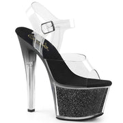 Pleaser SKY-308G-T Platform Sandal (Clear/Black Glitter Inserts)