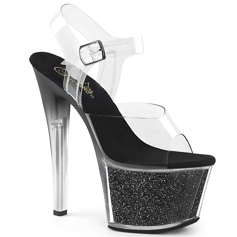 Pleaser SKY-308G-T Platform Sandal (Clear/Black Glitter Inserts)