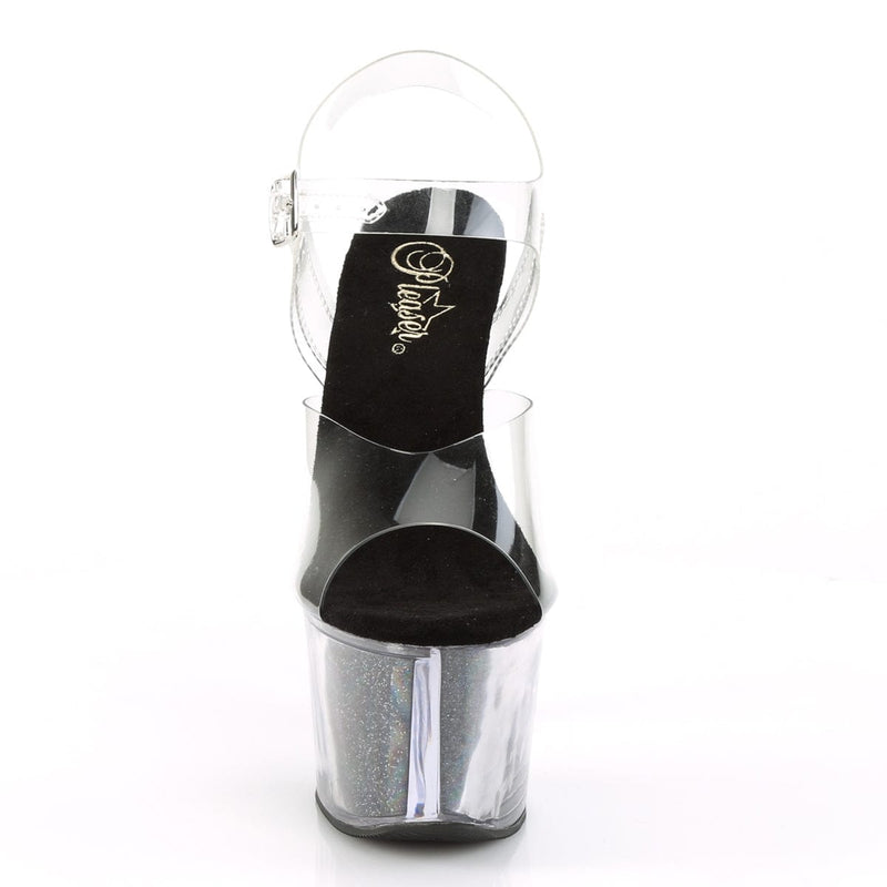 Pleaser SKY-308G-T Platform Sandal (Clear/Black Glitter Inserts)