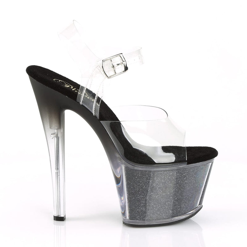 Pleaser SKY-308G-T Platform Sandal (Clear/Black Glitter Inserts)