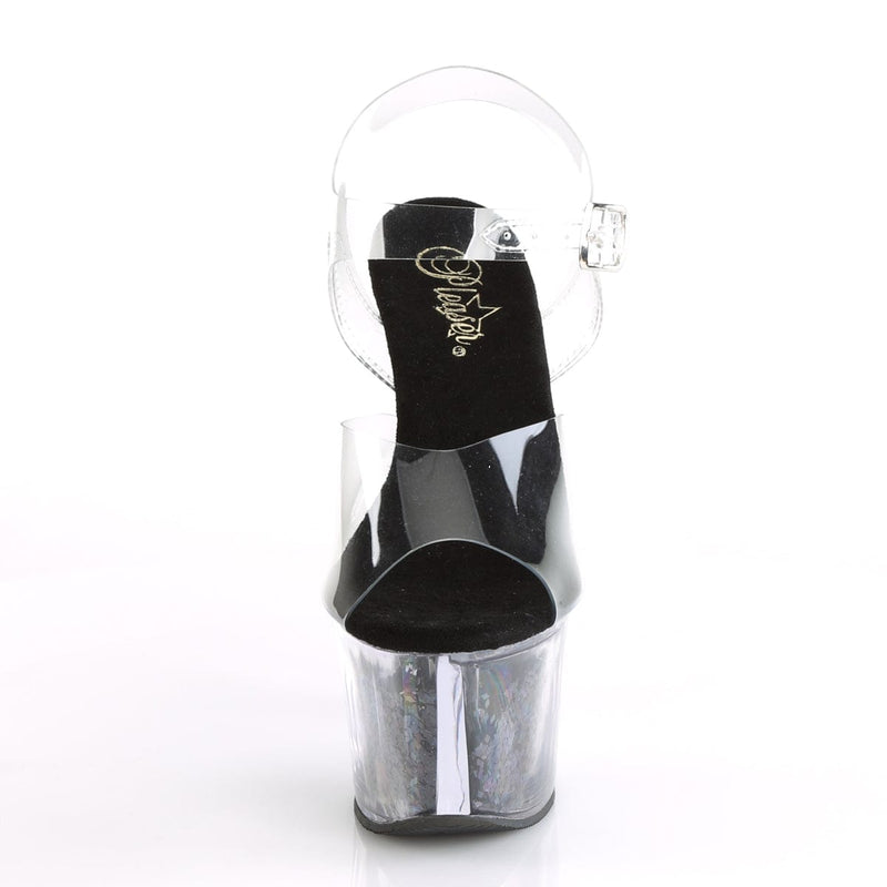 Pleaser SKY-308GF Platform Sandal (Clear/Black Multi Glitter)