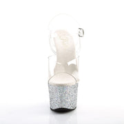 Pleaser SKY-308LG Platform Sandal (Clear/Silver Multi Glitter)