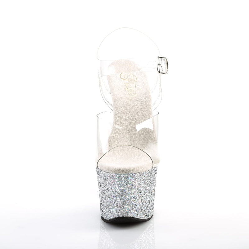 Pleaser SKY-308LG Platform Sandal (Clear/Silver Multi Glitter)