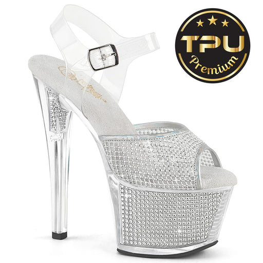Pleaser SKY-308PREM-RSNT Clear TPU-Silver RS/Silver SRS Platform Sandals