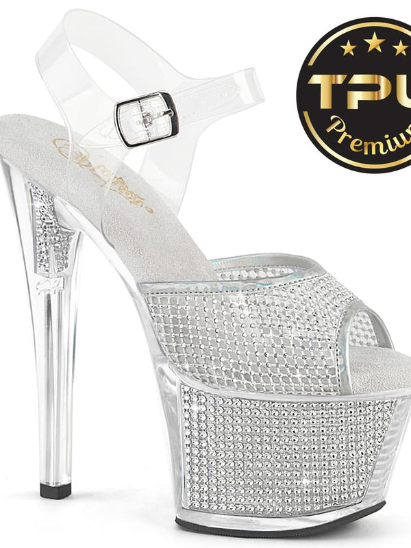 Pleaser SKY-308PREM-RSNT Clear TPU-Silver RS/Silver SRS Platform Sandals