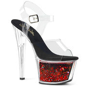 Pleaser SKY-308WHG Platform Sandal (Clear/Black-Red Glitter)