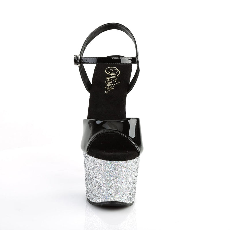 Pleaser SKY-309LG Platform Sandal (Black Patent/Silver Multi Glitter)