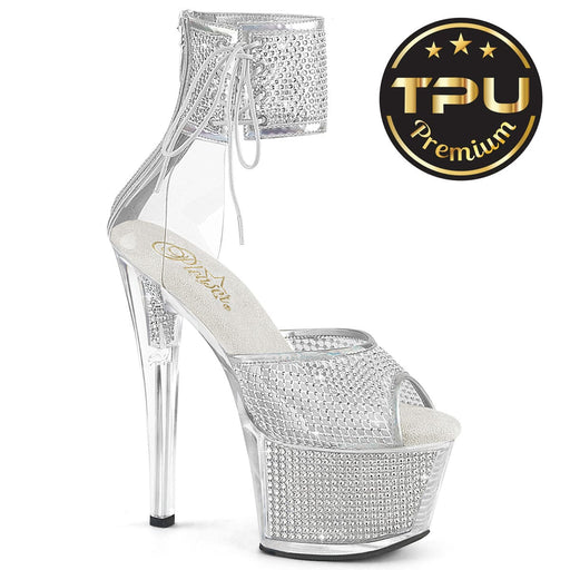 Pleaser SKY-324PREM-RSNT Platform Sandal (Clear TPU-Silver Rhinestone/Silver SRhinestone)
