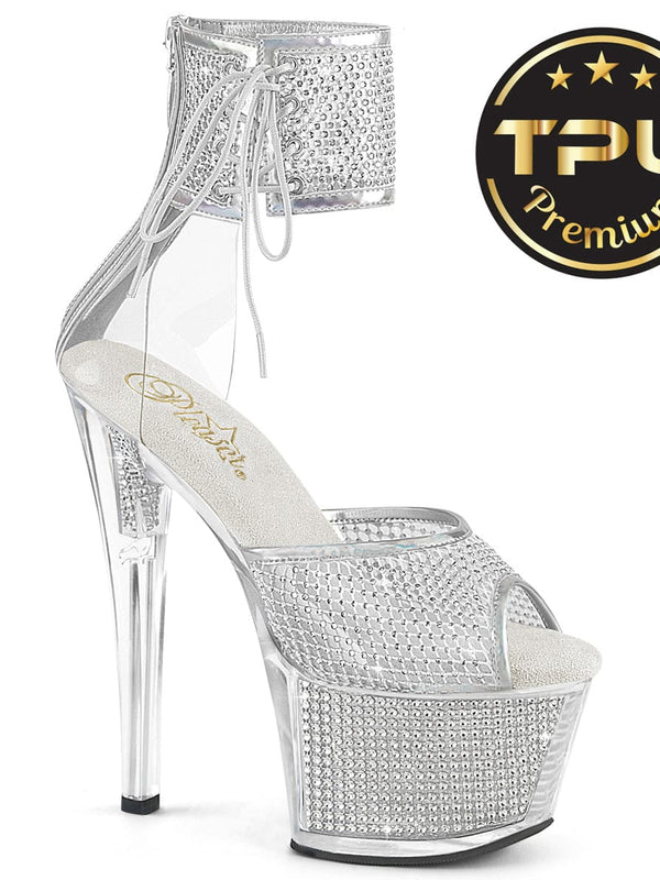 Pleaser SKY-324PREM-RSNT Platform Sandal (Clear TPU-Silver Rhinestone/Silver SRhinestone)