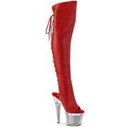 Pleaser SPECTATOR-3019 Platform Knee High Boot (Red Faux Leather/Clear-Silver Chrome) 6
